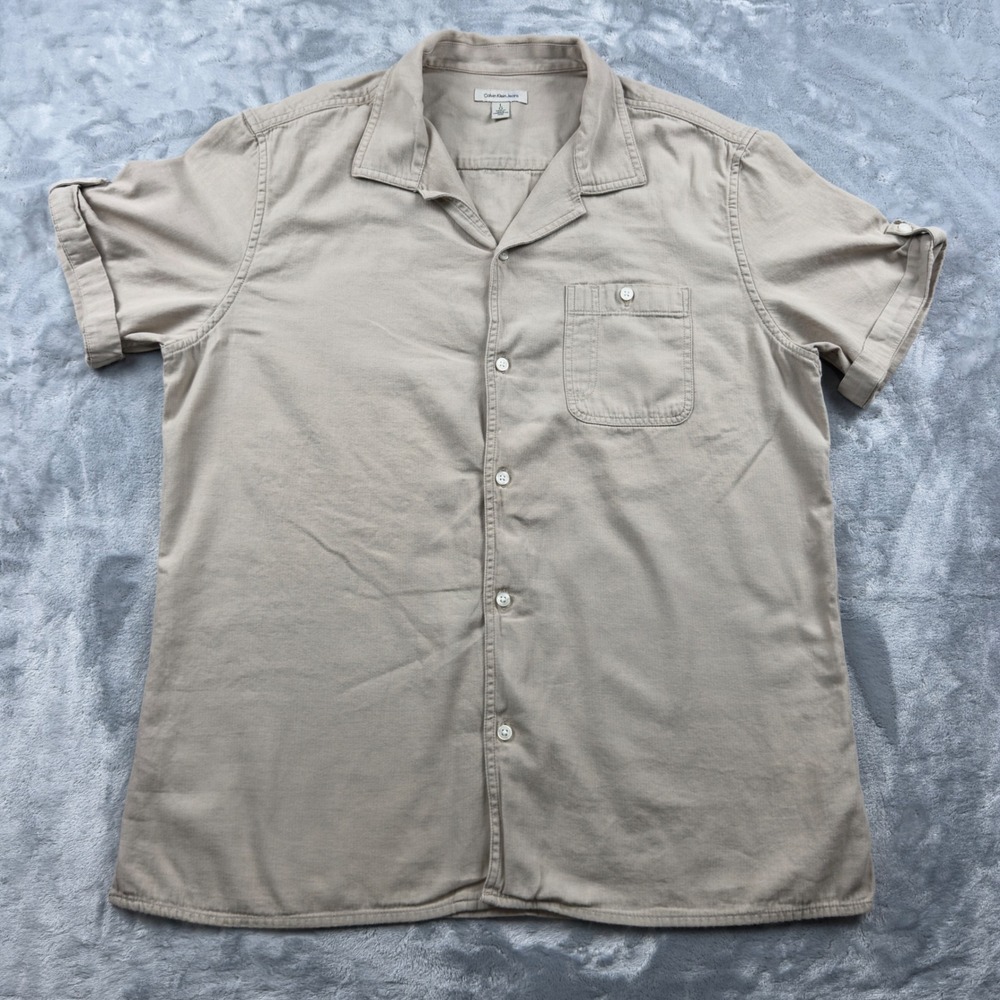 Calvin Klein Jeans Mens Large Tan Khaki Cotton Herringbone Camp Collar Shirt L